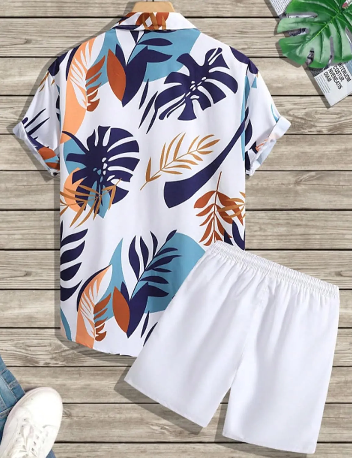 Yimoon Men's Summer 2 Piece Outfits Tropical Print Short Sleeve Button Down Hawaiian Beach Shirt and Shorts Set