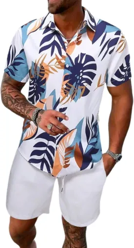Yimoon Men's Summer 2 Piece Outfits Tropical Print Short Sleeve Button Down Hawaiian Beach Shirt and Shorts Set
